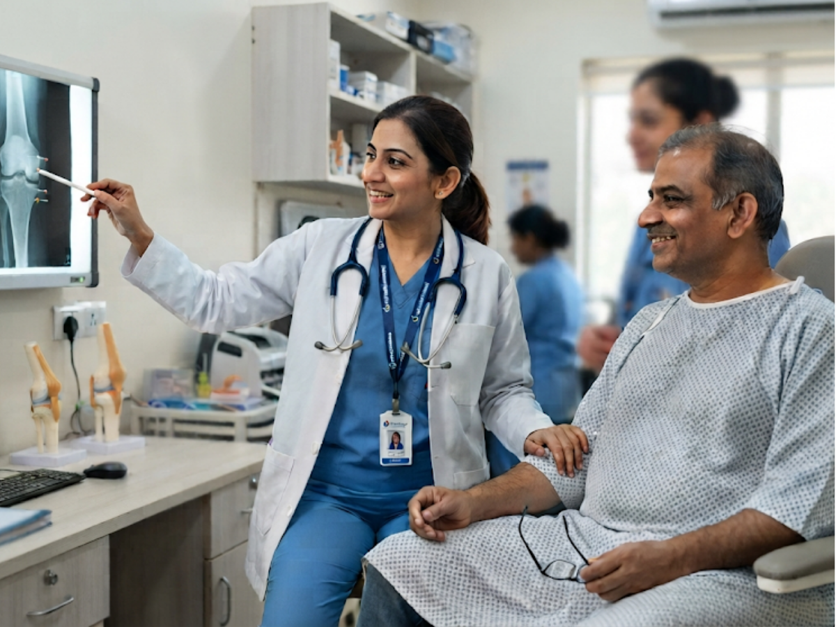 Orthopedic doctor examining a patient with knee pain at Om Global Hospital in Faridabad